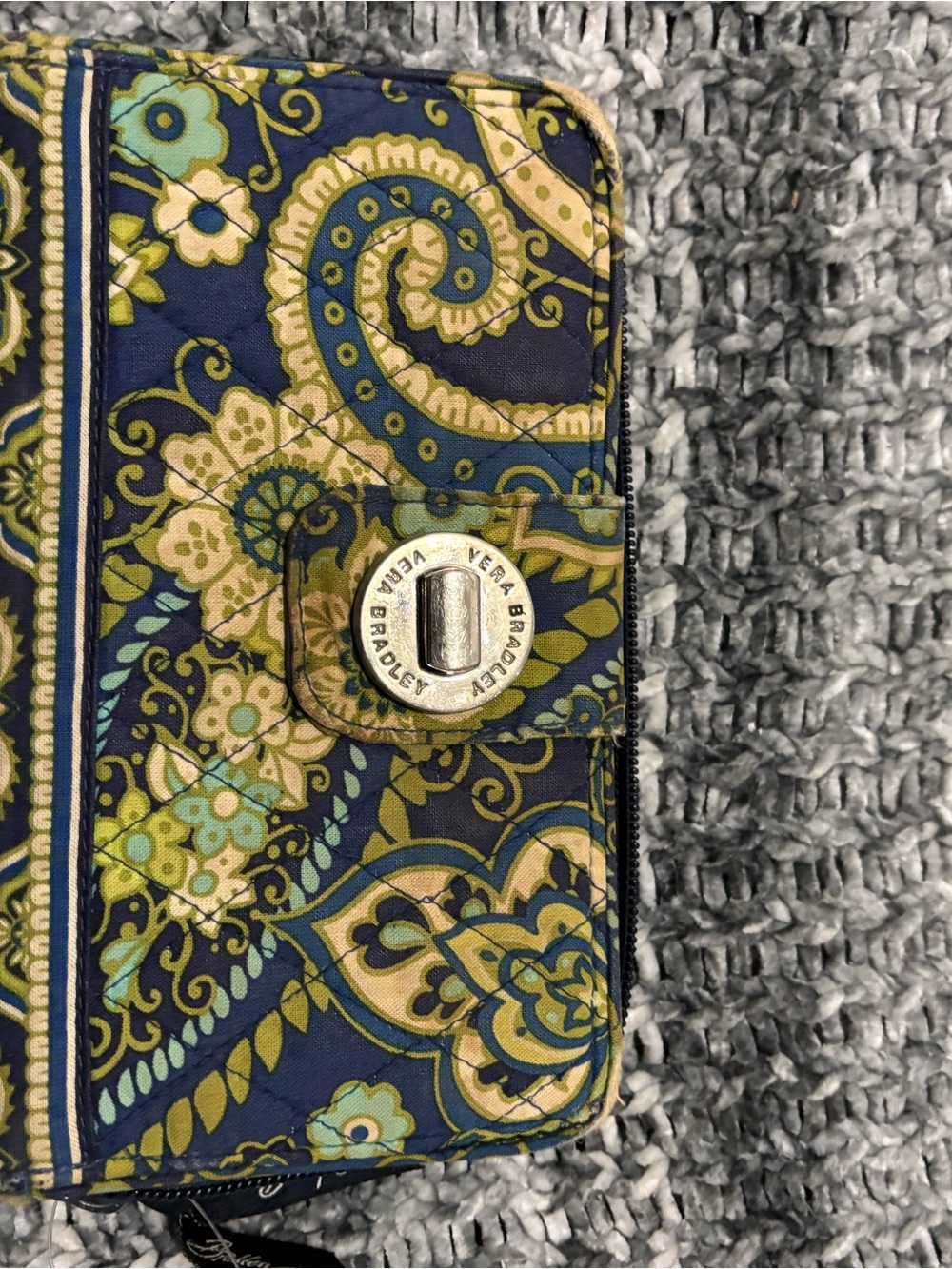 Vera Bradley Navy Paisley Quilted Turnlock Wallet with Green and Cream Accents